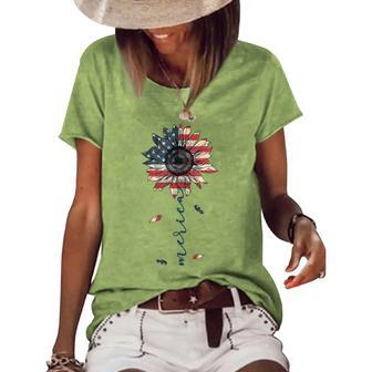 4Th Of July Merica Sunflower American Flag Patriotic Women's Loose T-shirt - Seseable