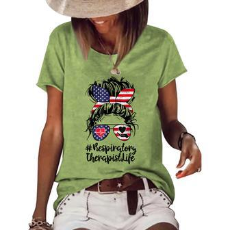 4Th Of July Respiratory Therapist Messy Bun Hair Nurse Women's Loose T-shirt - Seseable