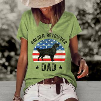 Womens American Flag Golden Retriever Dad 4Th Of July Women's Loose T-shirt - Seseable