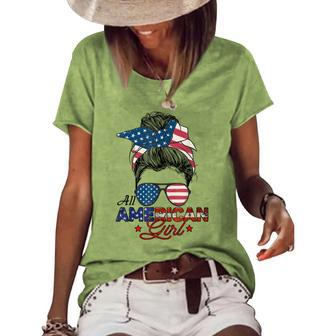 All American Girl 4Th July Messy Bun Us Flag Women's Loose T-shirt - Seseable
