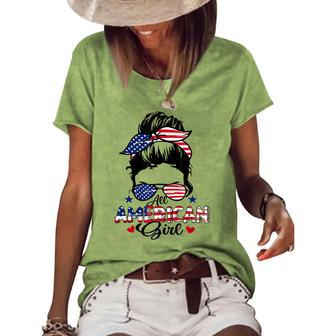 All American Girls 4Th Of July Messy Bun Patriotic Women's Loose T-shirt - Seseable