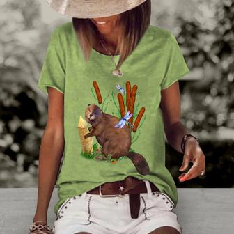 Beaver Cattails And Dragonfly Women's Loose T-shirt - Seseable