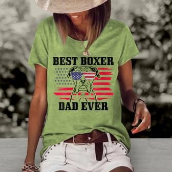 Womens Best Boxer Dad Ever Dog Patriotic 4Th Of July American Flag Women's Loose T-shirt - Seseable