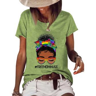 Black Women Free Mom Hugs Messy Bun Lgbtq Lgbt Pride Month Women's Short Sleeve Loose T-shirt | Mazezy