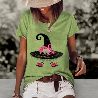 Breast Cancer Witch Hat Pink Ribbon Flower Awareness Month Women's Short Sleeve Loose T-shirt | Mazezy