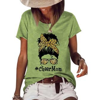 Cheer Mom Leopard Messy Bun Cheerleader V2 Women's Loose T-shirt - Seseable