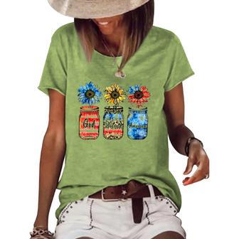 Country Farm Canning Ball Jars Sunflower God Bless America Women's Short Sleeve Loose T-shirt | Mazezy