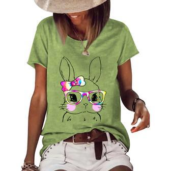 Cute Bunny Rabbit Face Tie Dye Glasses Girl Happy Easter Day Women's Short Sleeve Loose T-shirt | Favorety