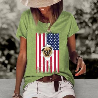 Cute Pug Face & American Flag – 4Th Of July Pug Dad Pug Mom Women's Loose T-shirt - Seseable