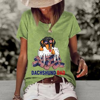 Dachshund Dad Beer Drinking 4Th Of July Us Flag Patriotic Women's Loose T-shirt - Seseable