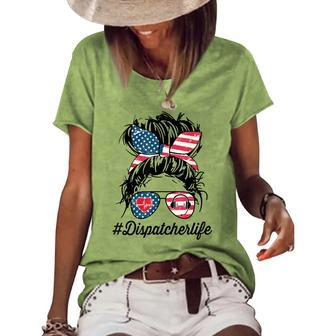 Womens Dispatcher Messy Bun American Us Flag 4Th Of July Women's Loose T-shirt - Seseable