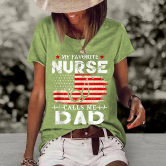 Mens My Favorite Nurse Calls Me Dad American Flag 4Th Of July Women's Loose T-shirt - Seseable
