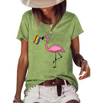 Flamingo Lgbt Flag Cool Gay Rights Supporters Gift Women's Short Sleeve Loose T-shirt | Mazezy