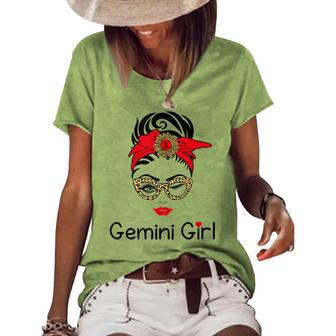 Gemini Girl Leopard Sunflower Zodiac Birthday Girl Women's Loose T-shirt - Seseable