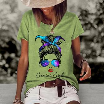 Womens Gemini Girl Zodiac Sign Horoscope Birthday Messy Bun Galaxy Women's Loose T-shirt - Seseable