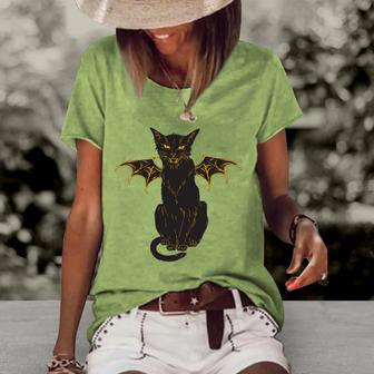 Halloween Black Cat With Wings Men Women Boy Girl Kids Gift Women's Short Sleeve Loose T-shirt | Mazezy