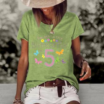 Kids 5Th Fifth Birthday Party Cake Little Butterfly Flower Fairy Women's Short Sleeve Loose T-shirt | Mazezy