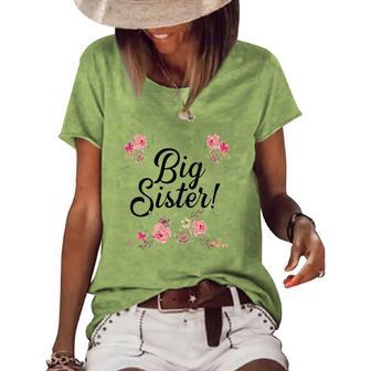 Kids Cute Big Sister Floral Design Toddler Girl Women's Short Sleeve Loose T-shirt | Mazezy