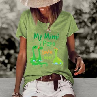 Kids My Mimi And Papa Love Me Dinosaur Grandson Women's Short Sleeve Loose T-shirt | Mazezy