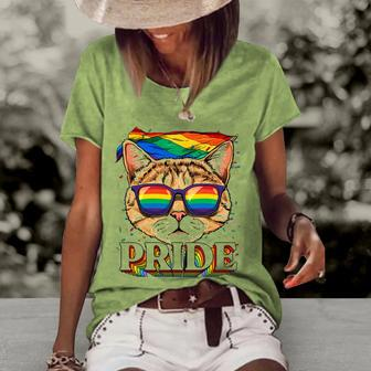 Lgbt Cat Gay Pride Lgbtq Rainbow Flag Sunglasses Women's Short Sleeve Loose T-shirt | Mazezy UK