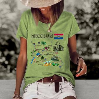 Map Of Missouri Landmarks Major Cities Roads Flag Women's Short Sleeve Loose T-shirt | Mazezy