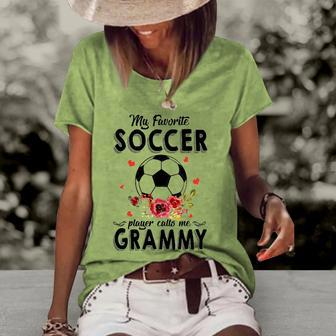 My Favorite Soccer Player Calls Me Grammy Flower Gift Women's Short Sleeve Loose T-shirt | Mazezy