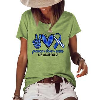 Peace Love Cure Blue & White Ribbon Als Awareness Month V2 Women's Loose T-shirt - Seseable