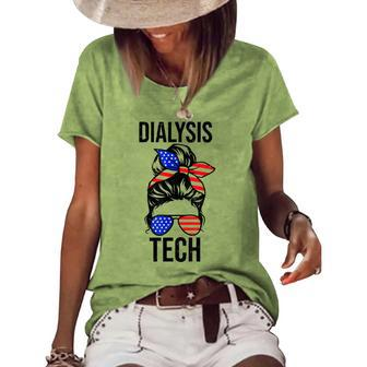 Proud Messy Bun American Dialysis Tech Nurse 4Th Of July Usa Women's Loose T-shirt - Seseable