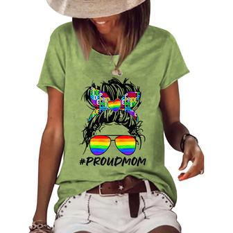 Proud Mom Lgbt Gay Pride Messy Bun Rainbow Lgbtq Women's Short Sleeve Loose T-shirt | Mazezy