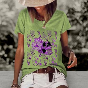 Purple Skull Flower Cool Floral Scary Halloween Gothic Theme Women's Short Sleeve Loose T-shirt | Mazezy