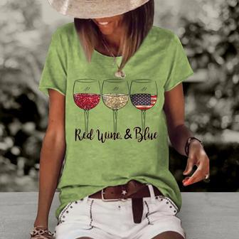 Red Wine & Blue 4Th Of July Wine Red White Blue Wine Glasses V2 Women's Short Sleeve Loose T-shirt | Mazezy