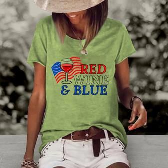 Red Wine & Blue Us Flag 4Th Of July Women's Short Sleeve Loose T-shirt | Mazezy