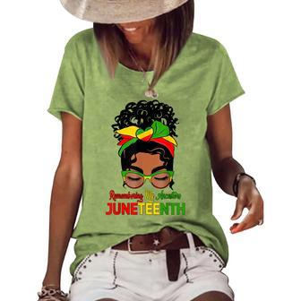 Remembering My Ancestors Juneteenth Black Women Messy Bun Women's Short Sleeve Loose T-shirt | Mazezy