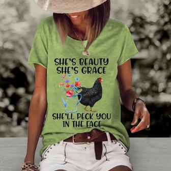 Shes Beauty Shes Grace Shell Peck You In The Face Chicken Women's Short Sleeve Loose T-shirt | Mazezy