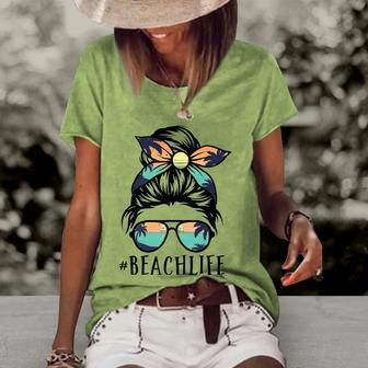 Womens Beach Life S Messy Bun Summer Hawaiian Hawaii Women's Short Sleeve Loose T-shirt | Mazezy