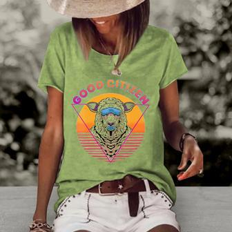 Womens Good Citizen Sheep Duct Tape Vaporwave V Neck Women's Short Sleeve Loose T-shirt | Mazezy