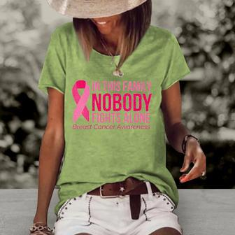 Womens In This Family Nobody Fights Alone Breast Cancer Awareness V Neck Women's Short Sleeve Loose T-shirt | Mazezy