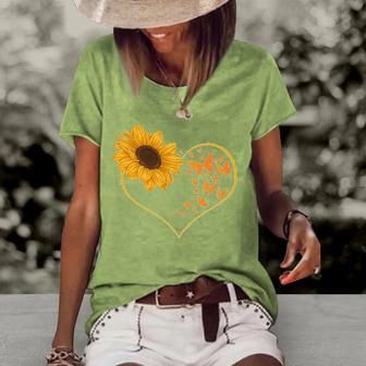 Yellow Flower Sunflowers Heart Butterfly Blossom Sunflower Women's Short Sleeve Loose T-shirt | Mazezy