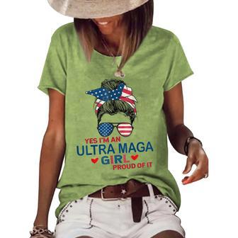 Yes Im An Ultra Maga Girl Proud Of It Usa Flag Messy Bun Women's Short Sleeve Loose T-shirt | Mazezy