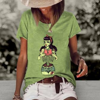 Zombie Pin-Up Girl Halloween Costume Women's Short Sleeve Loose T-shirt | Mazezy