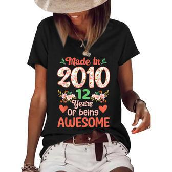 12 Years Old 12Th Birthday Made In 2010 Awesome Flower Girls Women's Short Sleeve Loose T-shirt - Seseable
