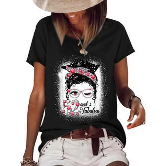 52 & Fabulous 52Nd Birthday Diamond Messy Bun Lips Bandana Women's Short Sleeve Loose T-shirt - Seseable