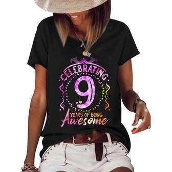9 Years Of Being Awesome 9 Year Old Birthday Kid Girl Women's Short Sleeve Loose T-shirt - Seseable