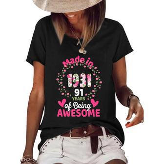 91 Years Old 91St Birthday Born In 1931 Women Girls Floral Women's Short Sleeve Loose T-shirt | Mazezy
