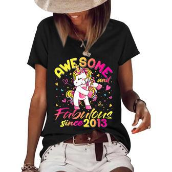 9Th Birthday 9 Year Old Girl Flossing Unicorn Party V2 Women's Short Sleeve Loose T-shirt - Seseable