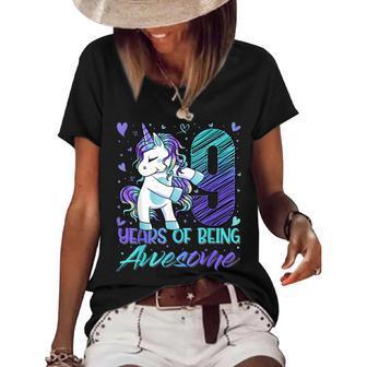 9Th Birthday 9 Year Old Girl Flossing Unicorn Party Women's Short Sleeve Loose T-shirt - Seseable