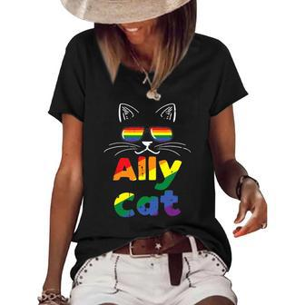 Ally Cat Pride Month Straight Ally Gay Lgbtq Lgbt Women Women's Short Sleeve Loose T-shirt | Mazezy