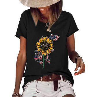American Flag Sunflower Design Patriotic Usa Flag Sunflower Women's Short Sleeve Loose T-shirt | Mazezy