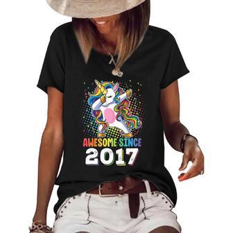Awesome Since 2017 Girls Boys Dabbing Unicorn Birthday Women's Short Sleeve Loose T-shirt | Mazezy