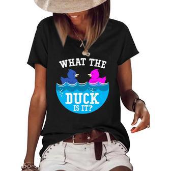 Baby Gender Reveal Party What The Duck Is It Baby Reveal Women's Short Sleeve Loose T-shirt | Mazezy